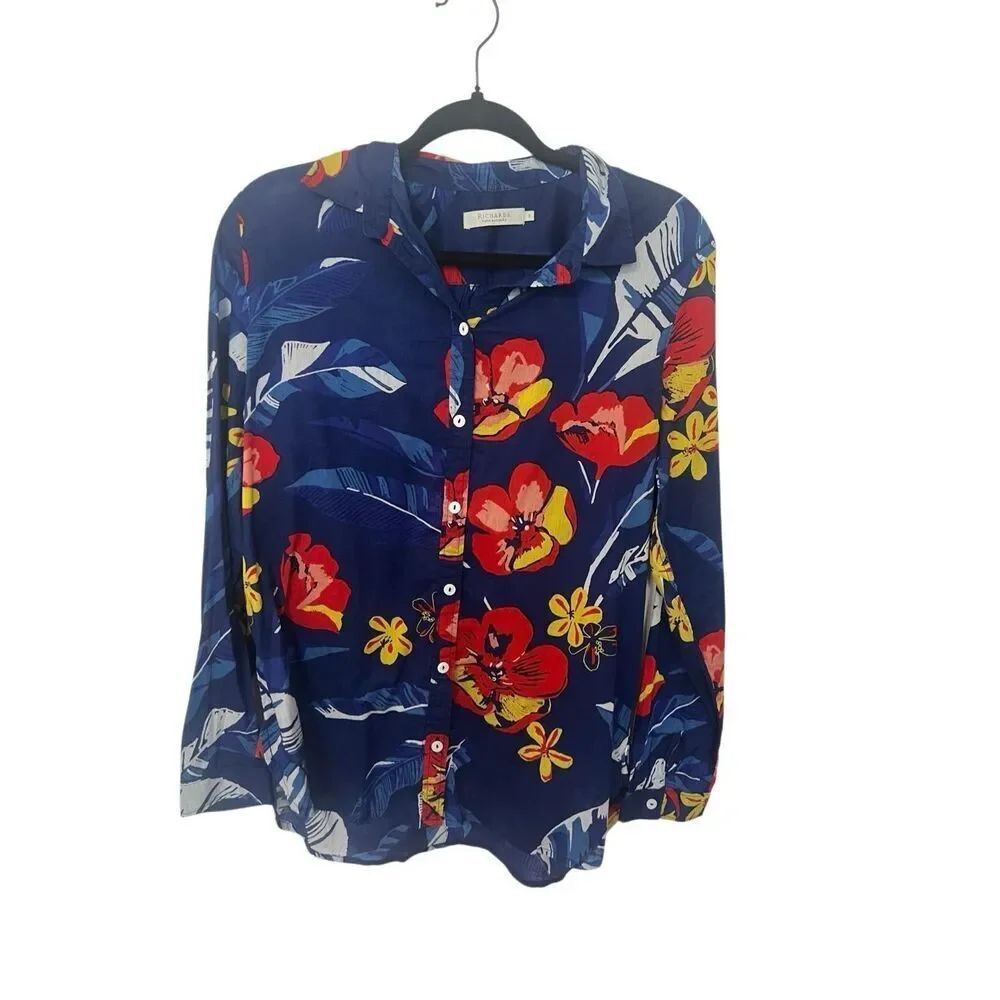 Richards vibrant bold cotton tropical floral Print button down shirt sz L